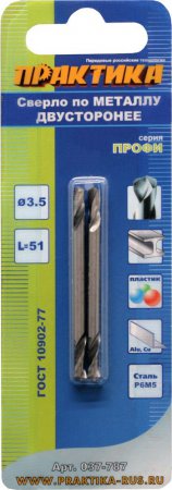 Сверло по металлу ПРАКТИКА двустороннее Р6М5 ?3,5 х 51 мм (2шт.) Сверло по металлу ПРАКТИКА двустороннее Р6М5 ?3,5 х 51 мм (2шт.)